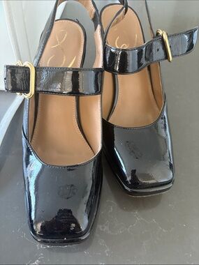 Sam Edelman Black Patent Mary Jane Heels with Gold Buckles